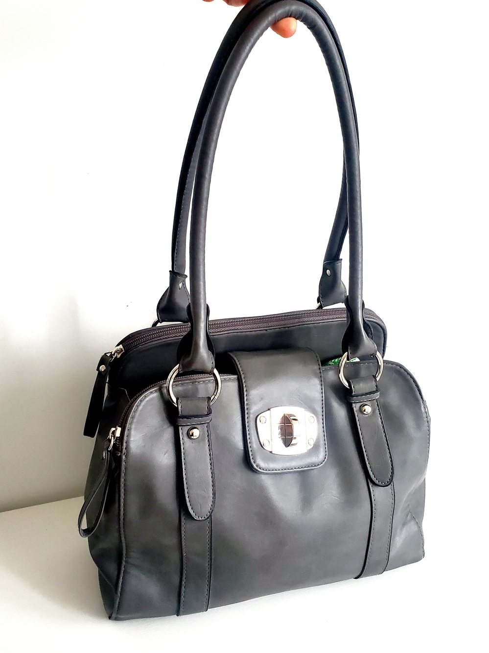 Ricki's Black Vegan Leather Shoulder Bag with Silver-Tone Turn Lock